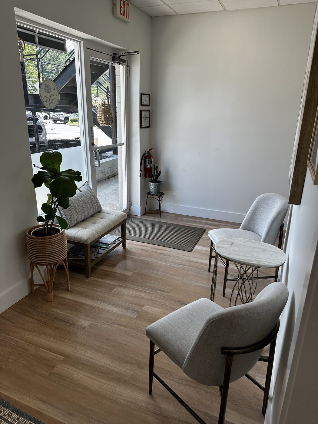 The waiting area: daylight through the glass entrance door, a bench and potted fig beside it, and upholstered chairs around a small marble table
